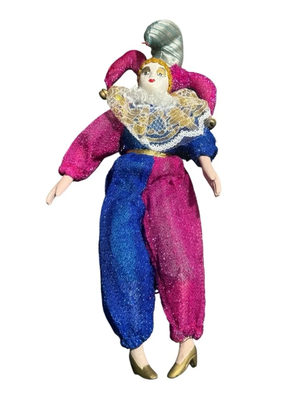 Vintage 11” Jester Painted Porcelain Clown Doll Blue, Pink/Purple, Gold